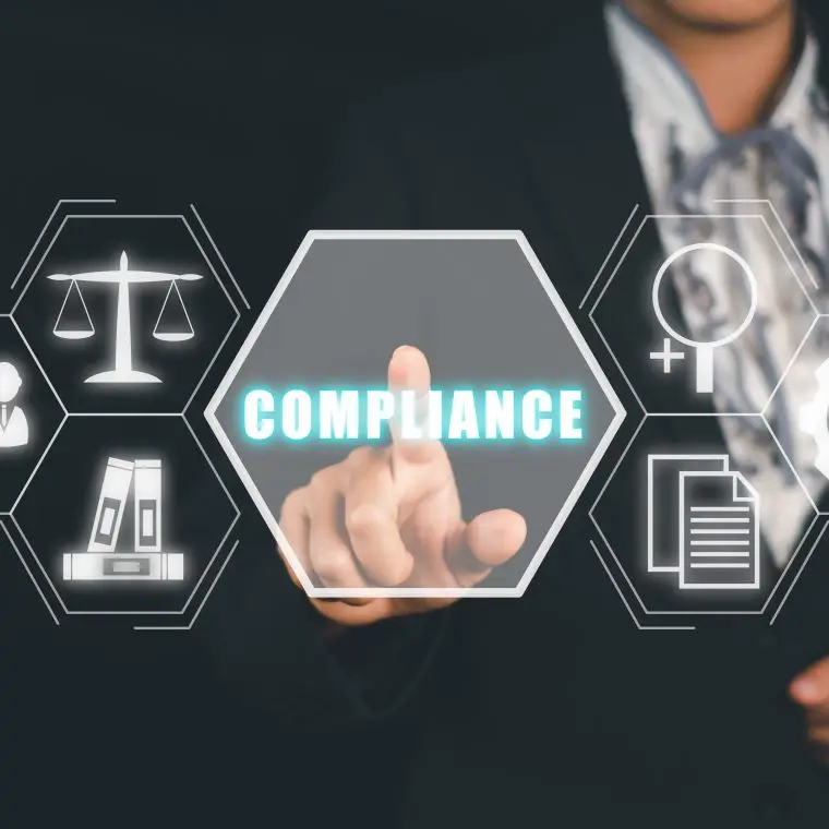 Businesswoman hand touching compliance icon on virtual screen.